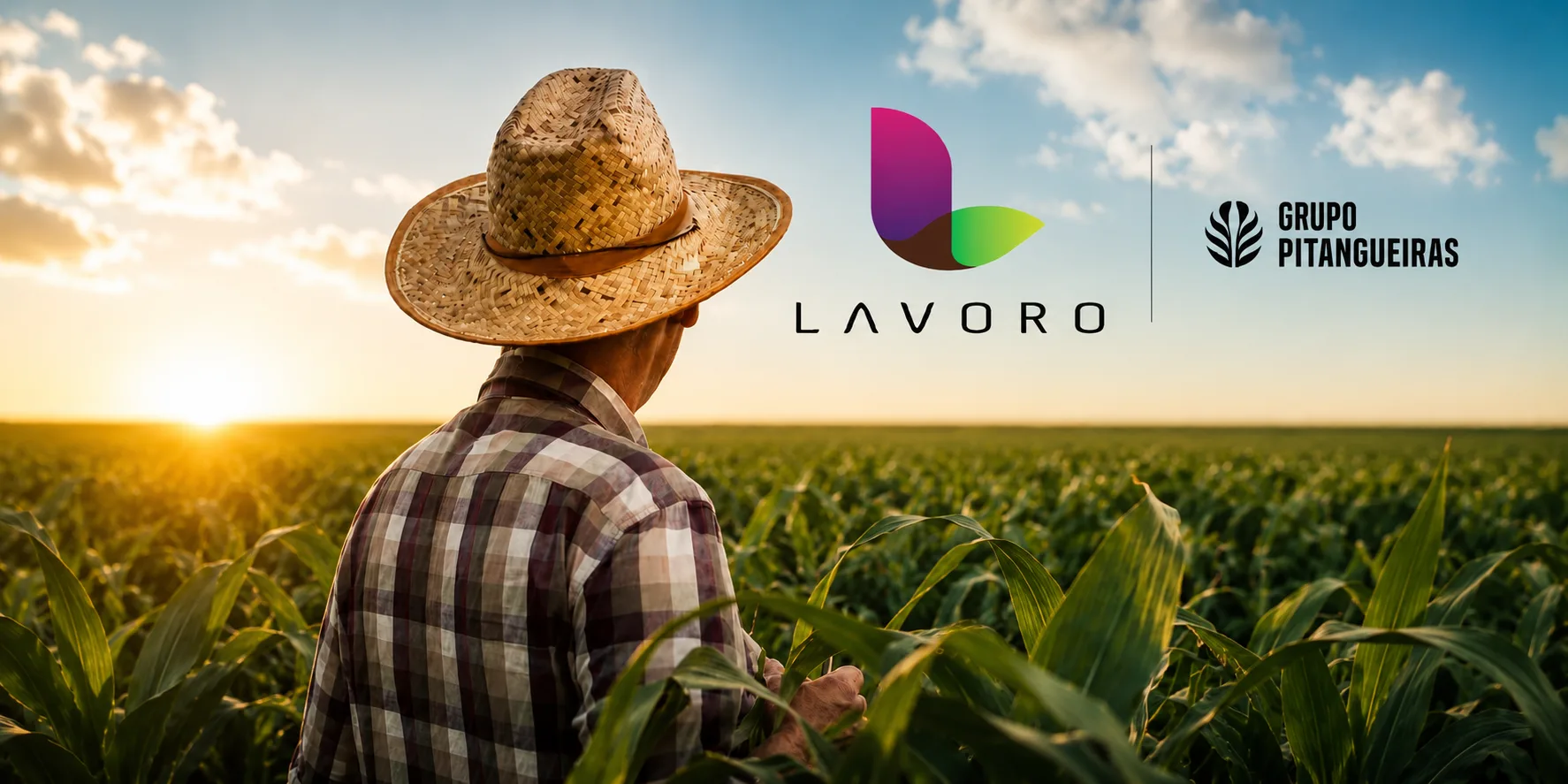 Banner institucional da Lavoro com produtor rural em campo e identidade visual da companhia