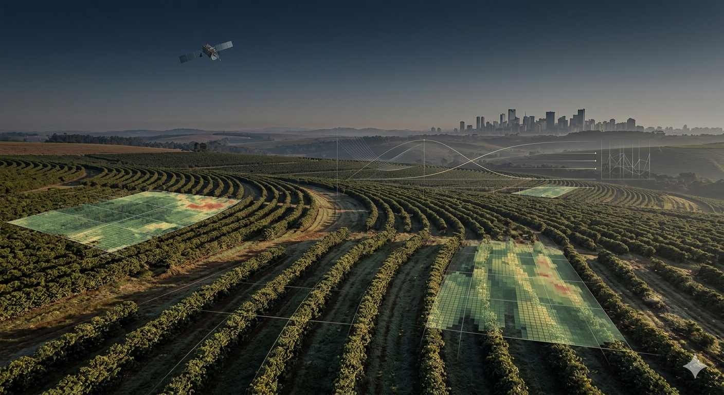 Paisagem agrícola monitorada por satélite com sobreposição de dados e cidade ao fundo