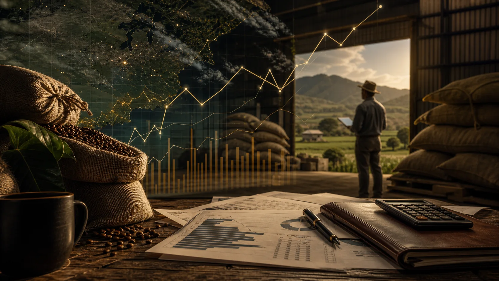 Paisagem agrícola monitorada por satélite com sobreposição de dados e atmosfera de reprecificação de risco